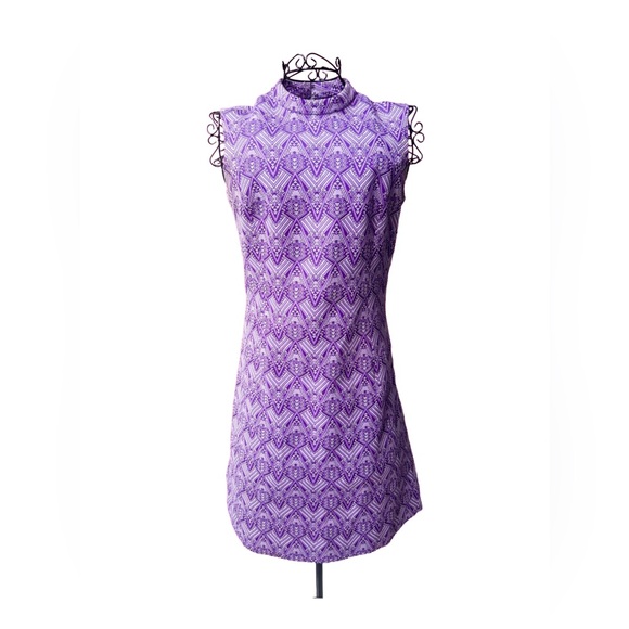 Vintage 60s Handmade Purple Mod Mini Dress Sleeveless High Neck Geometric Print - Picture 1 of 8